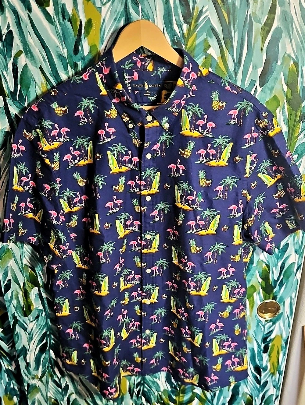 Ralph Lauren Custom Fit Hawaiian Shirt Flamingo Button Down Shirt XXL Like New